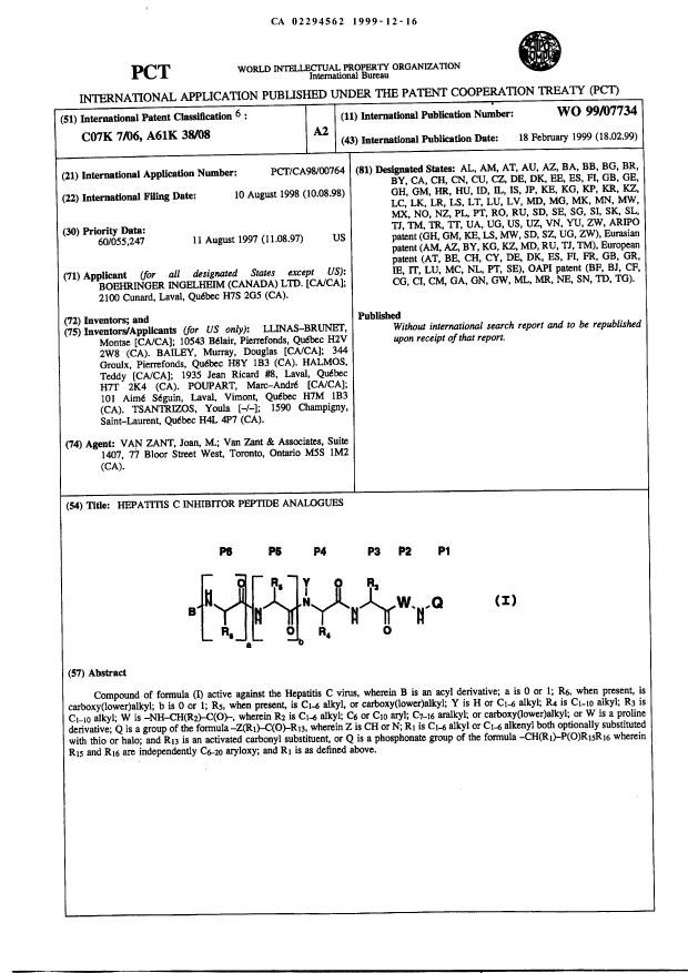 Document de brevet canadien 2294562. Abrégé 19991216. Image 1 de 1