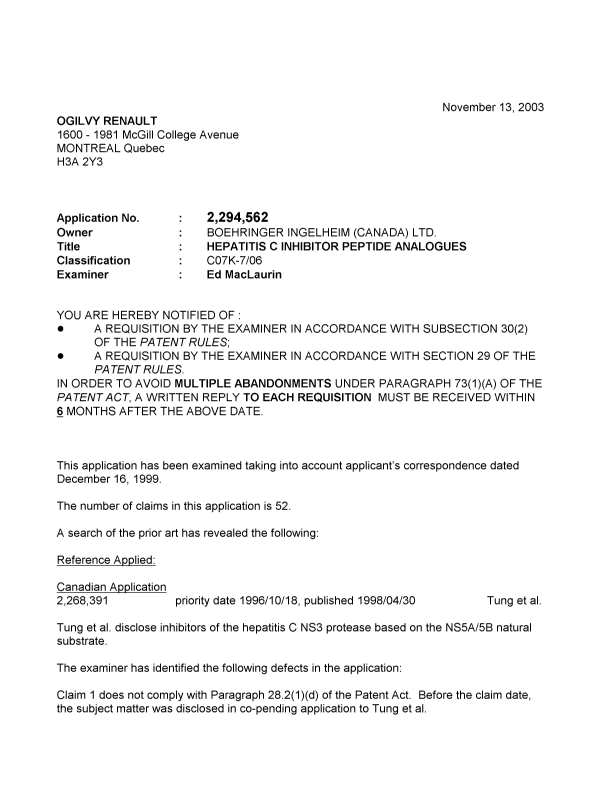 Document de brevet canadien 2294562. Poursuite-Amendment 20031113. Image 1 de 3
