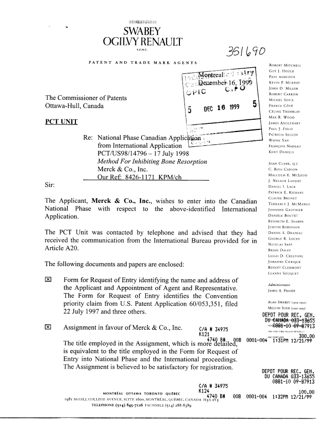 Document de brevet canadien 2294595. Cession 19981216. Image 1 de 6