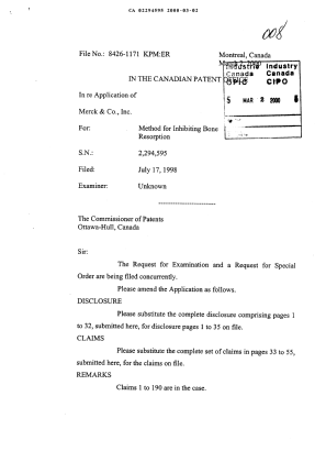 Canadian Patent Document 2294595. Prosecution-Amendment 19991202. Image 1 of 62