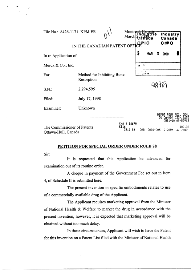 Canadian Patent Document 2294595. Prosecution-Amendment 19991202. Image 1 of 2