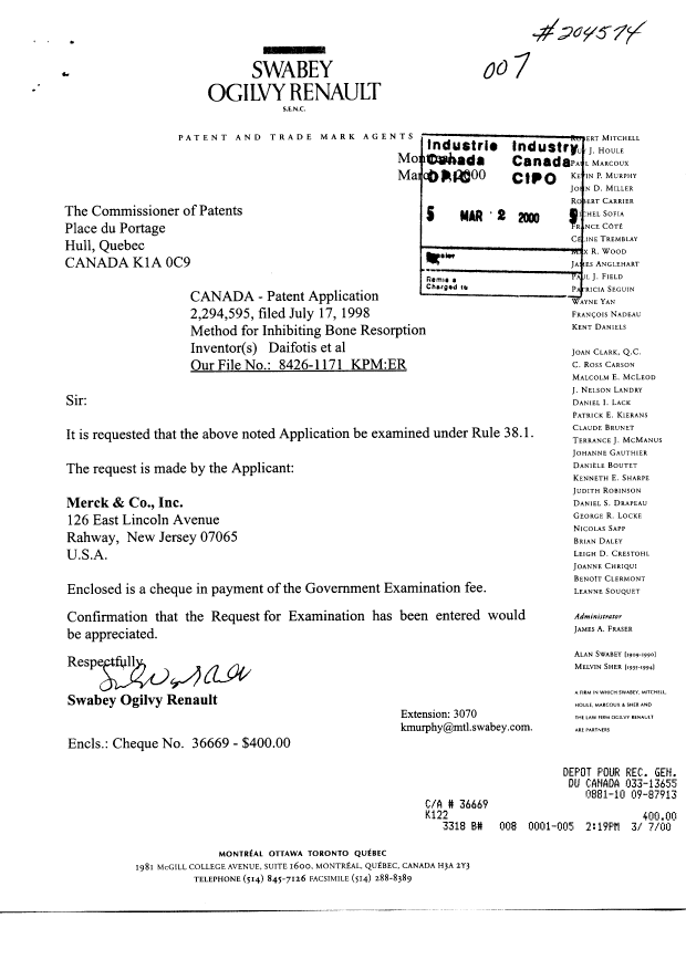 Canadian Patent Document 2294595. Prosecution-Amendment 19991202. Image 1 of 1