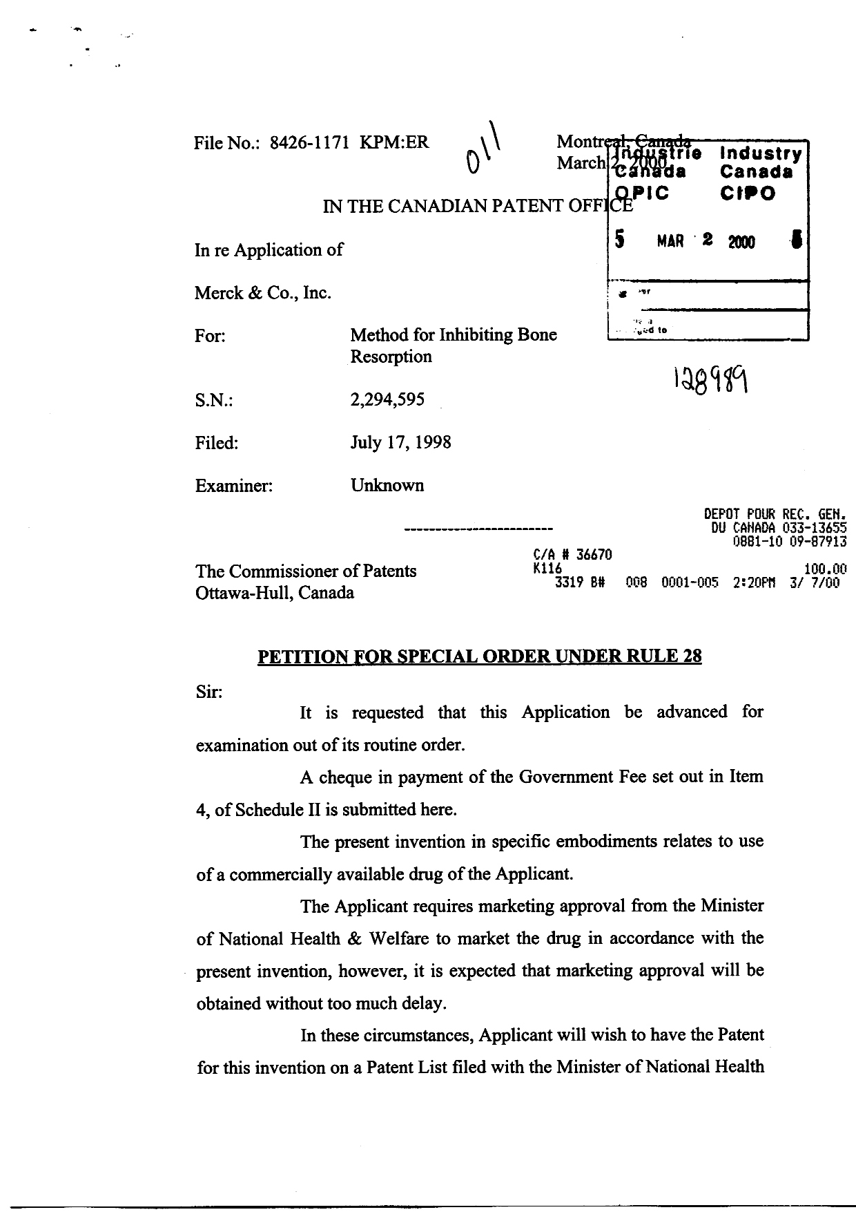 Canadian Patent Document 2294595. Prosecution-Amendment 19991202. Image 1 of 2