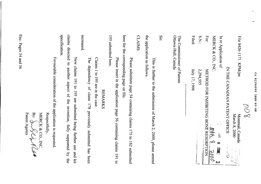 Canadian Patent Document 2294595. Prosecution-Amendment 19991208. Image 1 of 3