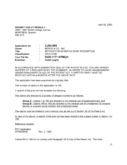Canadian Patent Document 2294595. Prosecution-Amendment 19991220. Image 1 of 2