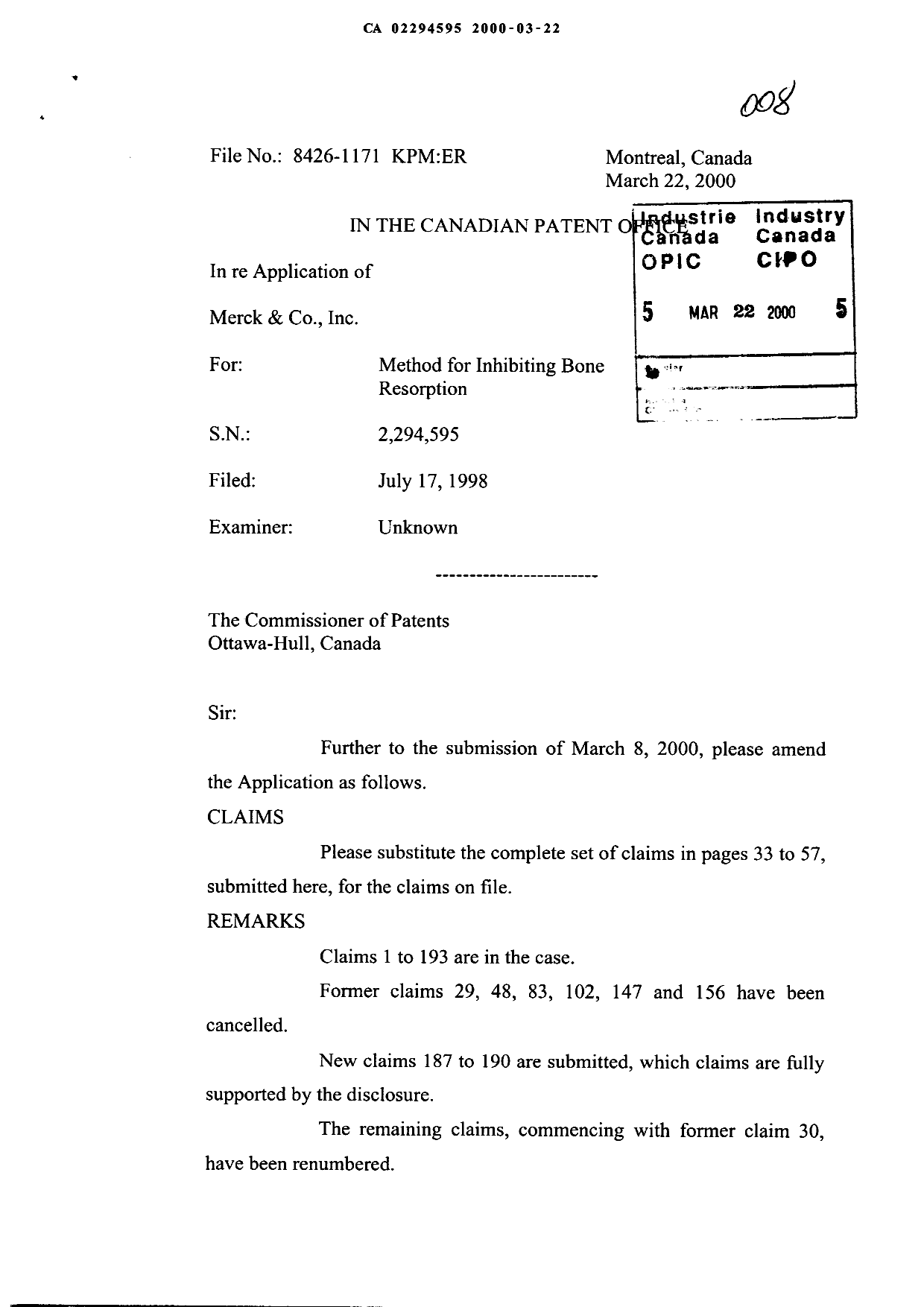 Canadian Patent Document 2294595. Prosecution-Amendment 19991222. Image 1 of 27
