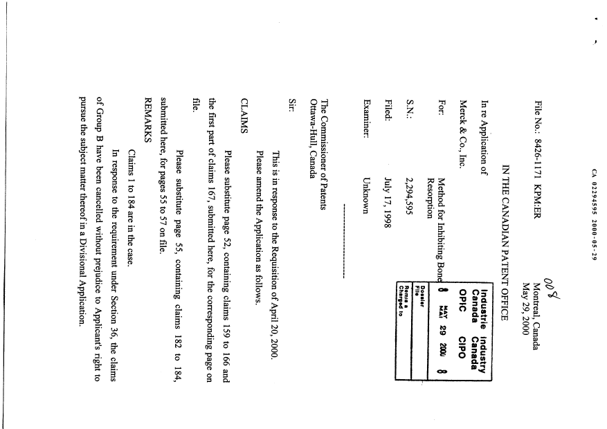 Canadian Patent Document 2294595. Prosecution-Amendment 19991229. Image 1 of 4