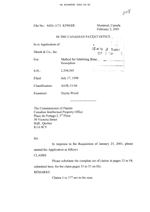 Canadian Patent Document 2294595. Prosecution-Amendment 20001202. Image 1 of 24