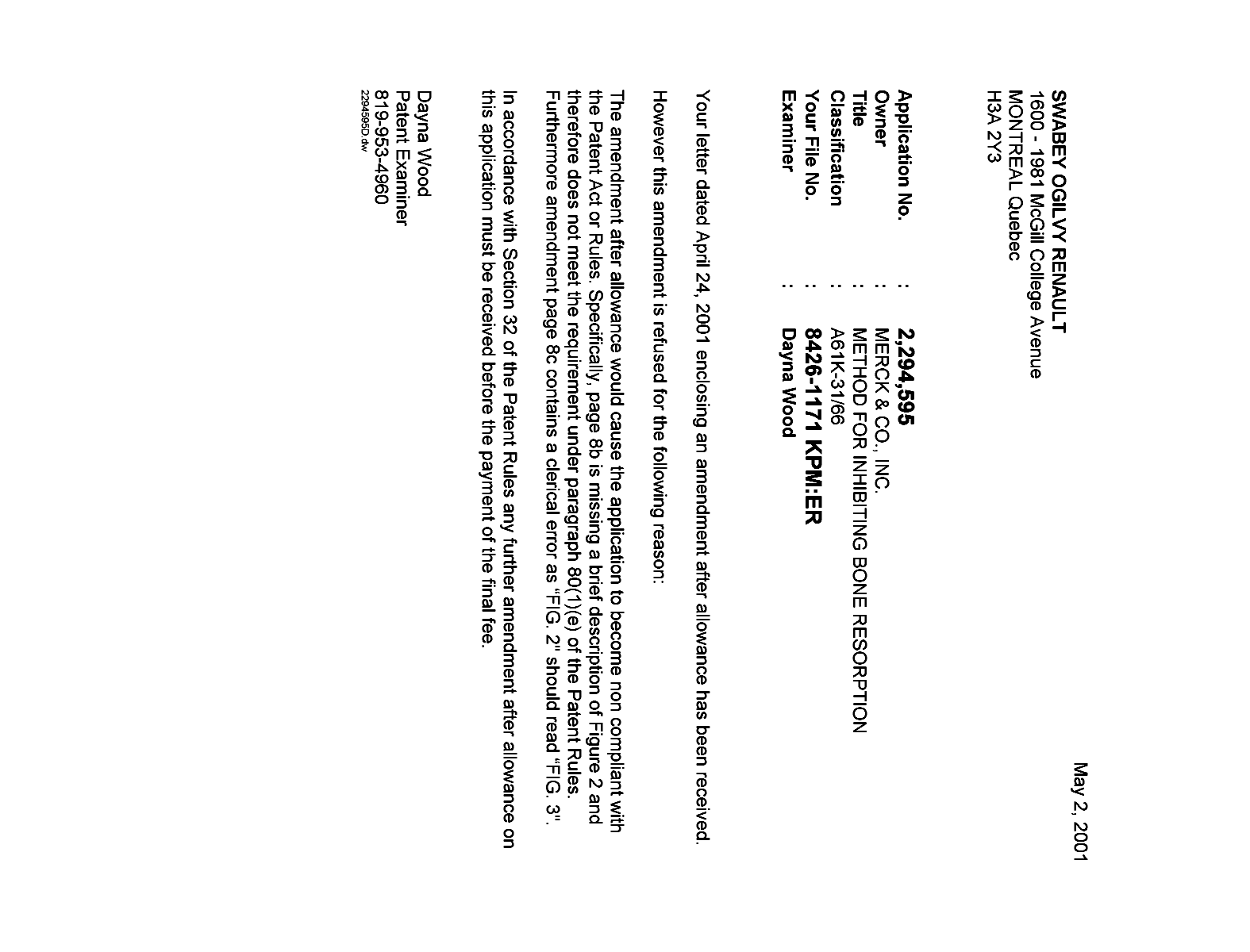 Document de brevet canadien 2294595. Correspondance 20001202. Image 1 de 1