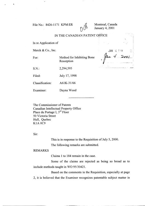 Canadian Patent Document 2294595. Prosecution-Amendment 20001204. Image 1 of 10
