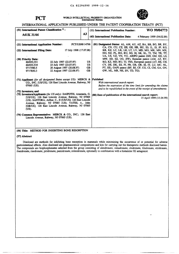 Canadian Patent Document 2294595. Abstract 20001205. Image 1 of 1