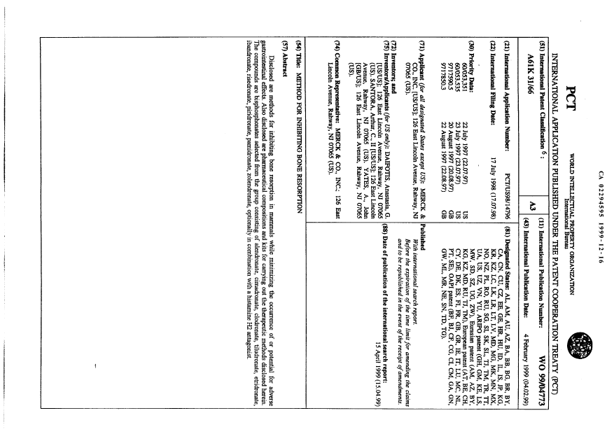 Document de brevet canadien 2294595. Abrégé 20001205. Image 1 de 1