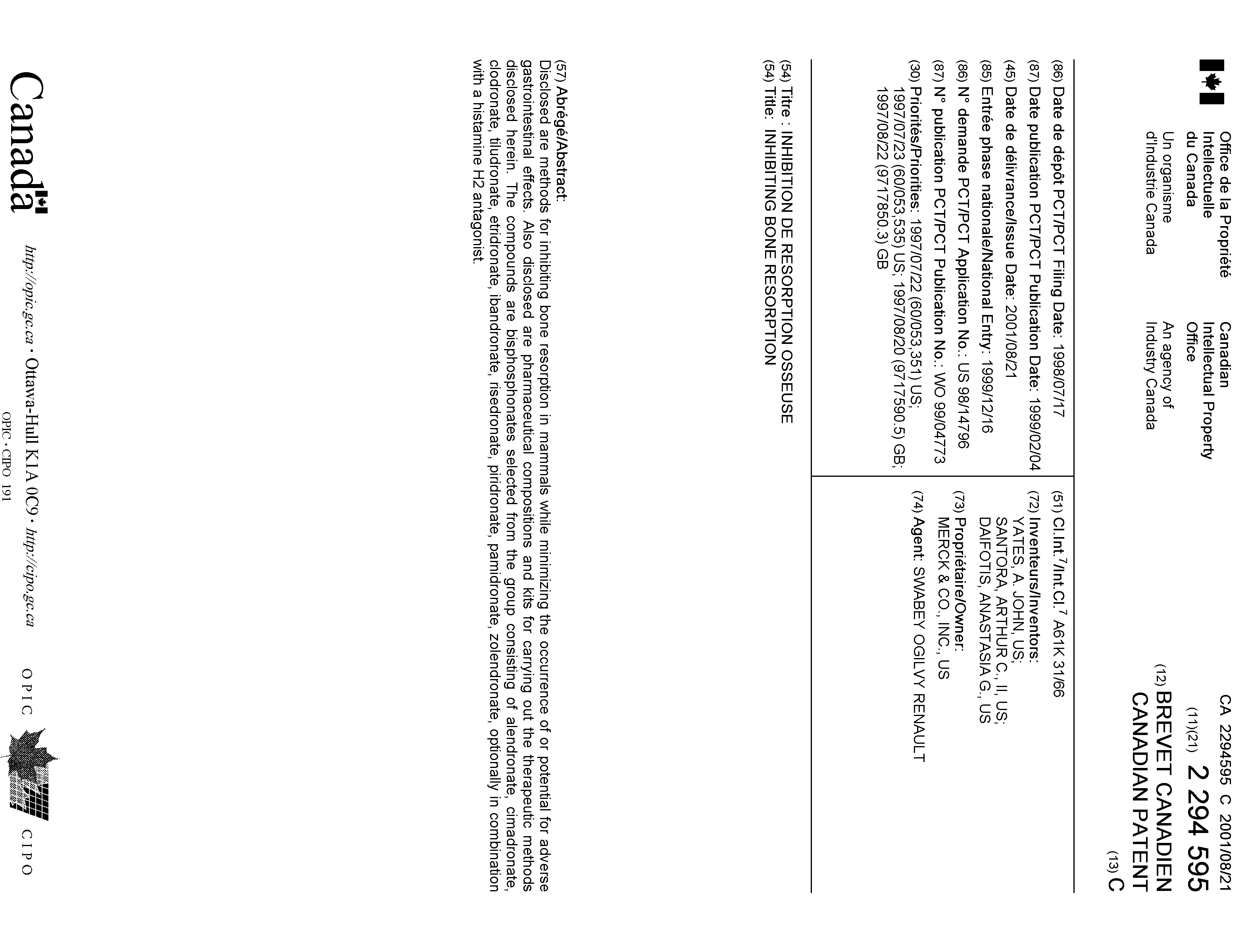 Canadian Patent Document 2294595. Cover Page 20001213. Image 1 of 1