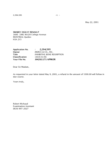 Canadian Patent Document 2294595. Correspondence 20001222. Image 1 of 1