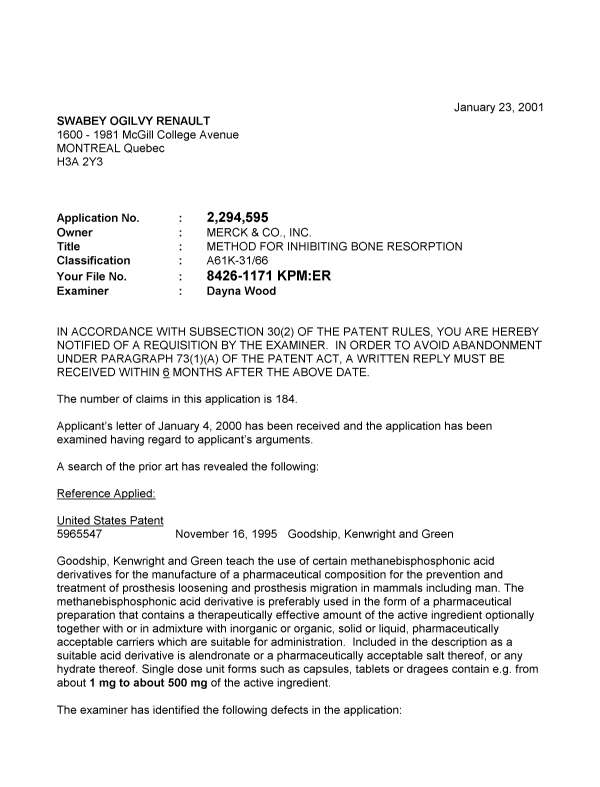 Document de brevet canadien 2294595. Poursuite-Amendment 20001223. Image 1 de 2