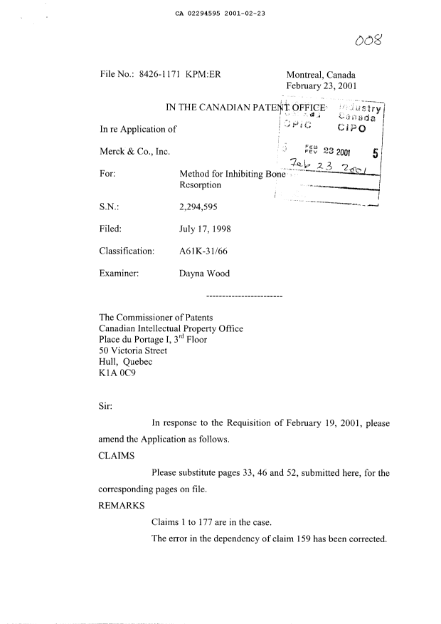 Canadian Patent Document 2294595. Prosecution-Amendment 20001223. Image 1 of 5