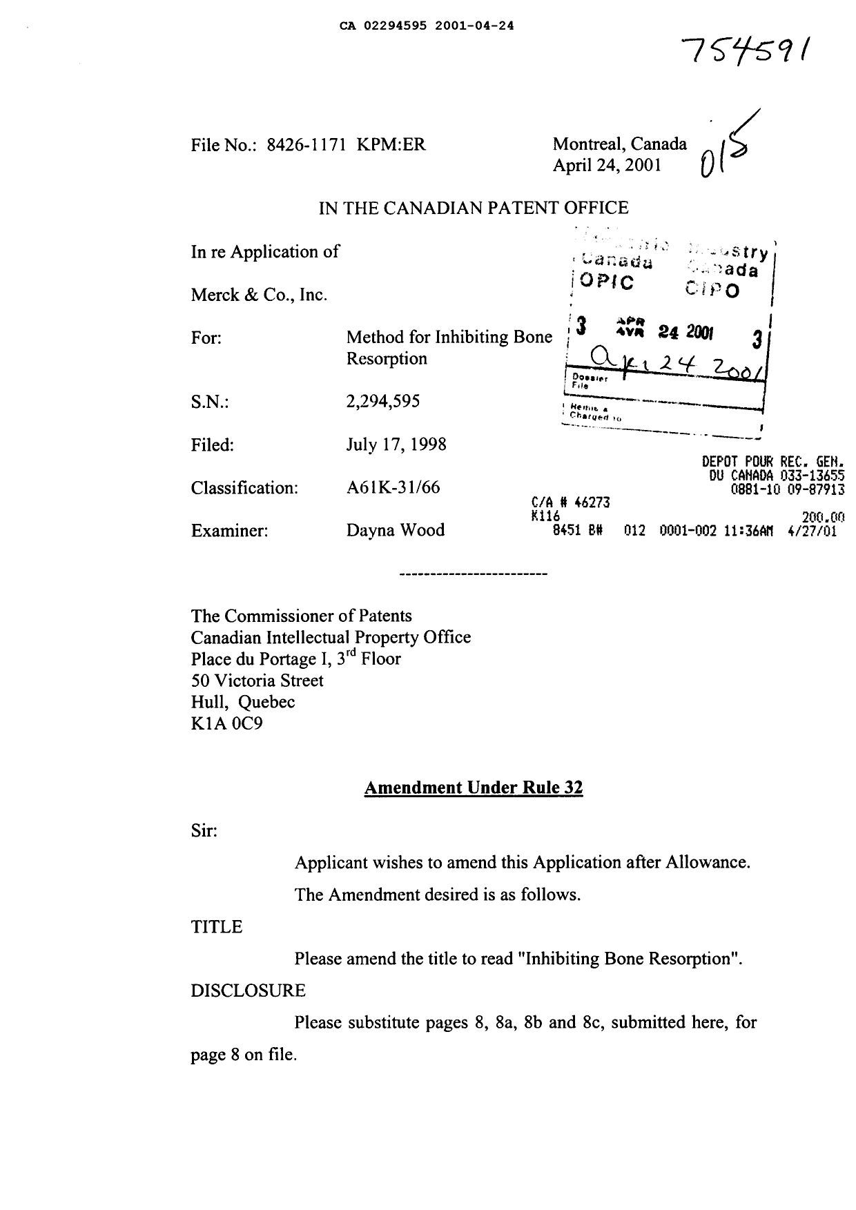 Canadian Patent Document 2294595. Prosecution-Amendment 20001224. Image 1 of 7