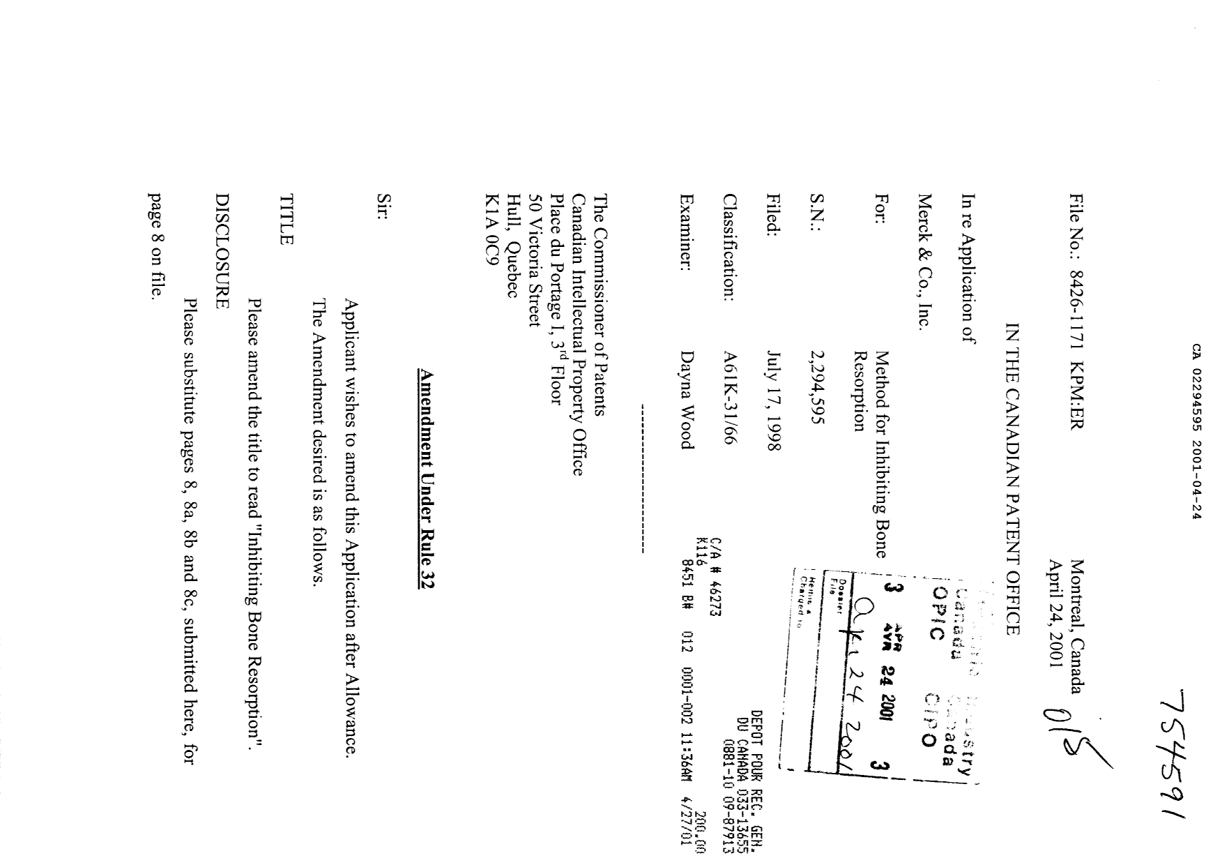 Canadian Patent Document 2294595. Prosecution-Amendment 20001224. Image 1 of 7