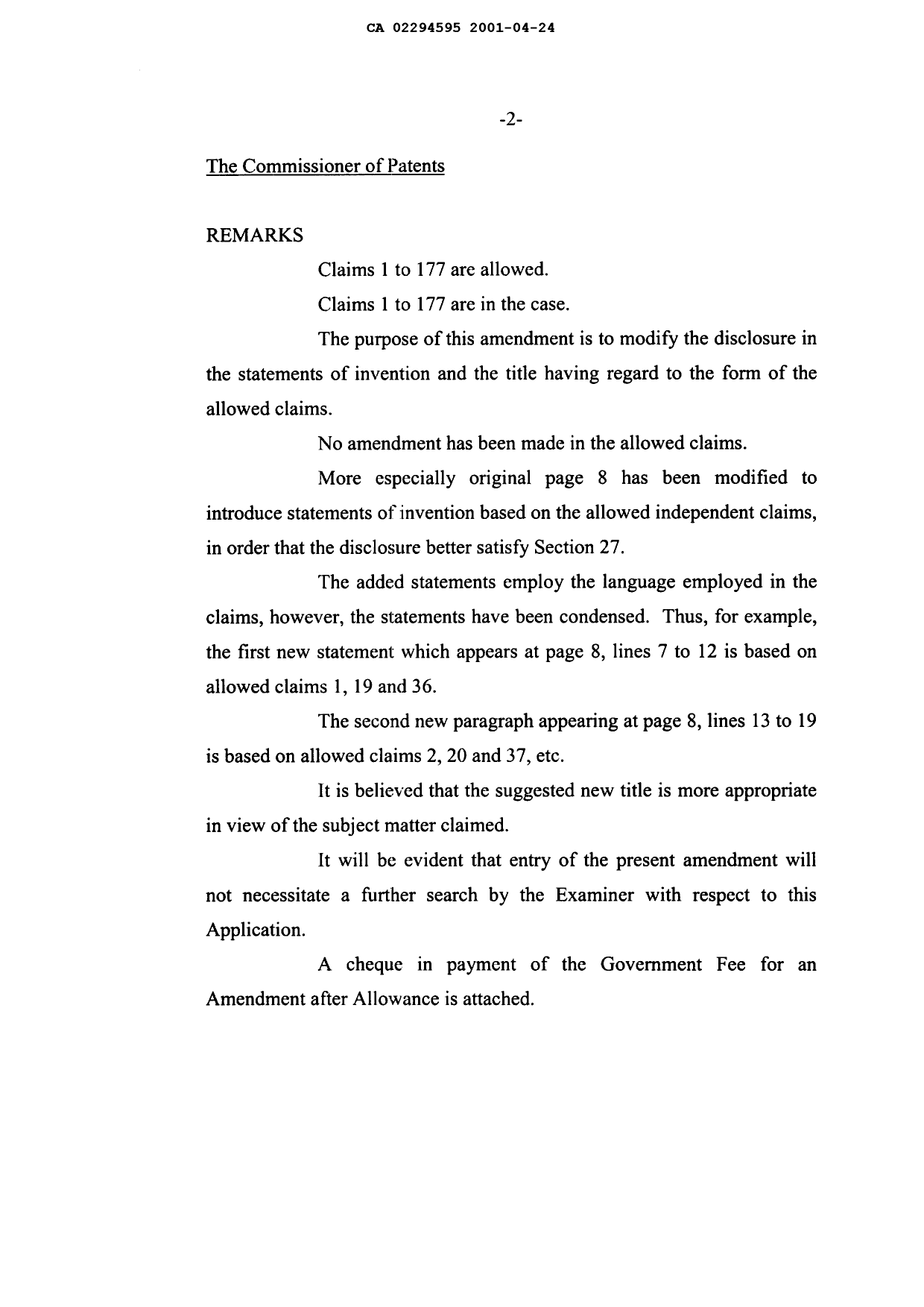 Canadian Patent Document 2294595. Prosecution-Amendment 20001224. Image 2 of 7