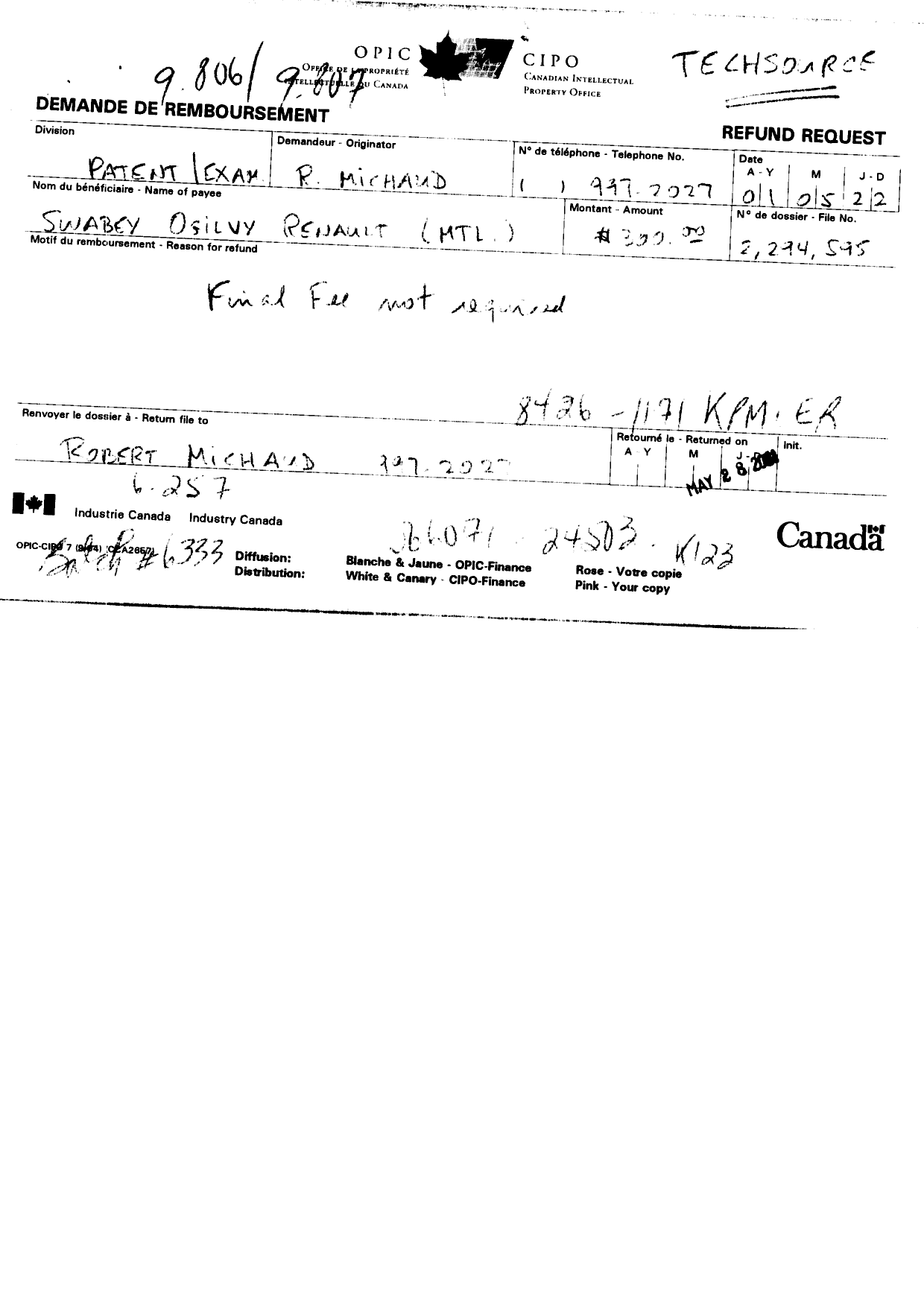 Canadian Patent Document 2294595. Correspondence 20001230. Image 1 of 4