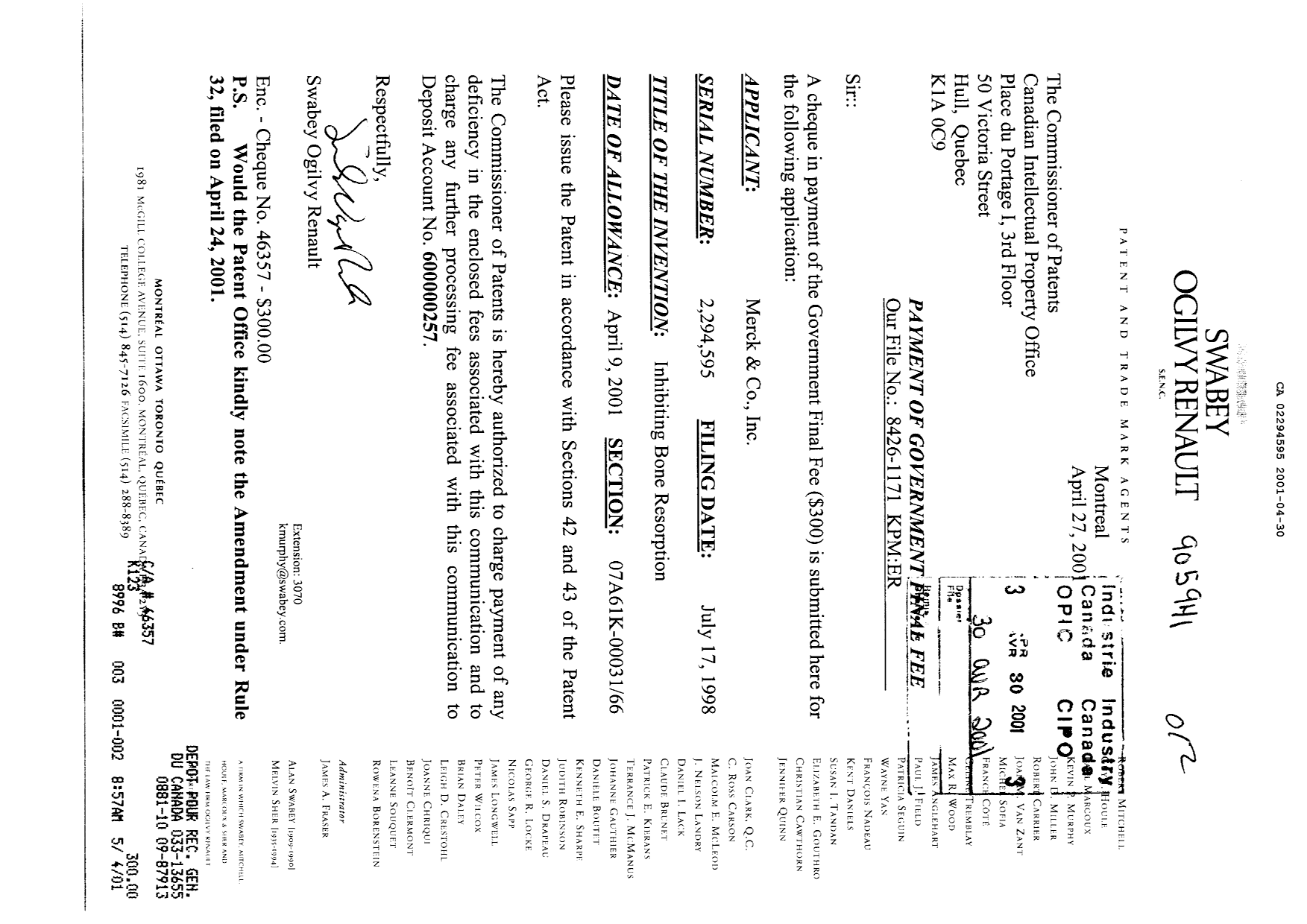 Canadian Patent Document 2294595. Correspondence 20001230. Image 4 of 4