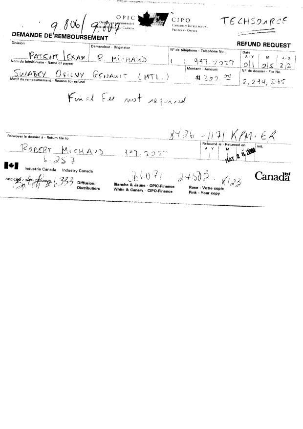 Canadian Patent Document 2294595. Correspondence 20010430. Image 1 of 4