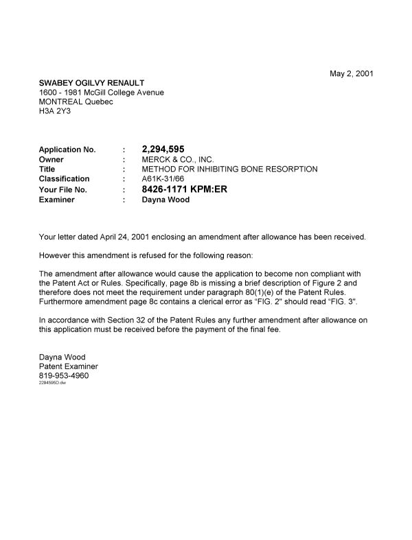 Document de brevet canadien 2294595. Correspondance 20010502. Image 1 de 1