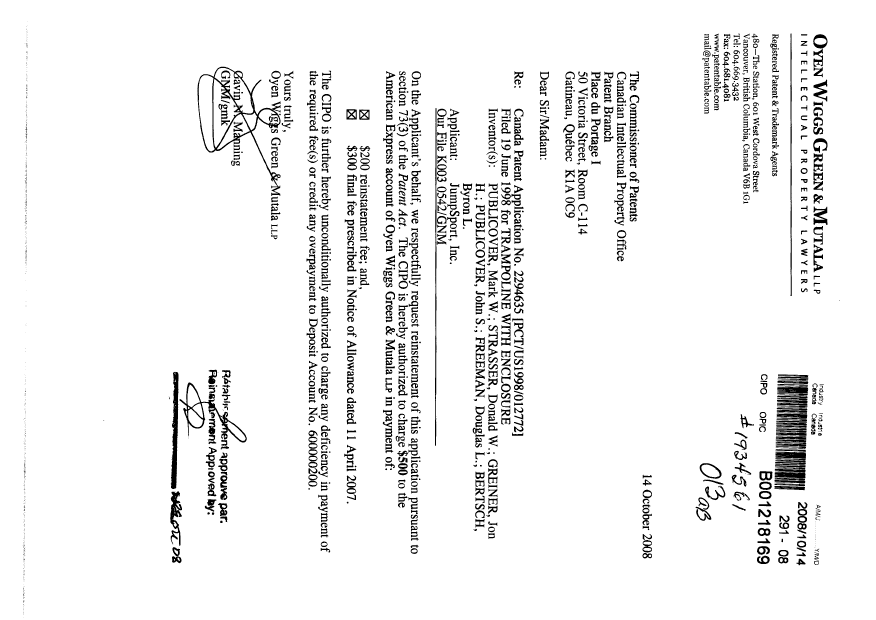 Canadian Patent Document 2294635. Prosecution-Amendment 20081014. Image 1 of 1