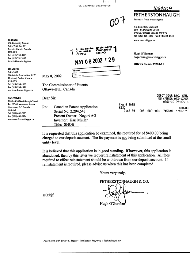 Canadian Patent Document 2294643. Prosecution-Amendment 20020508. Image 1 of 1
