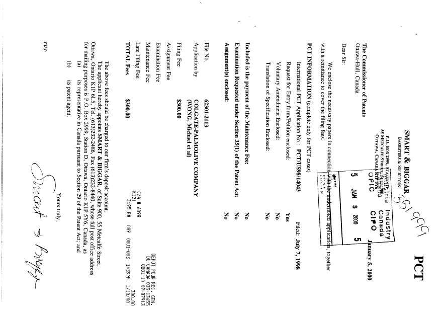 Document de brevet canadien 2294847. Cession 20000105. Image 1 de 3