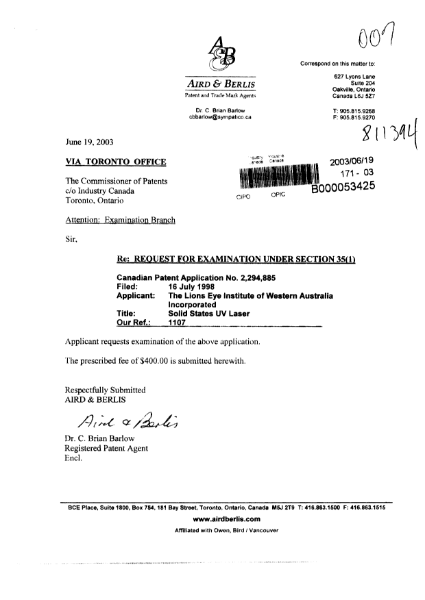Canadian Patent Document 2294885. Prosecution-Amendment 20030619. Image 1 of 1