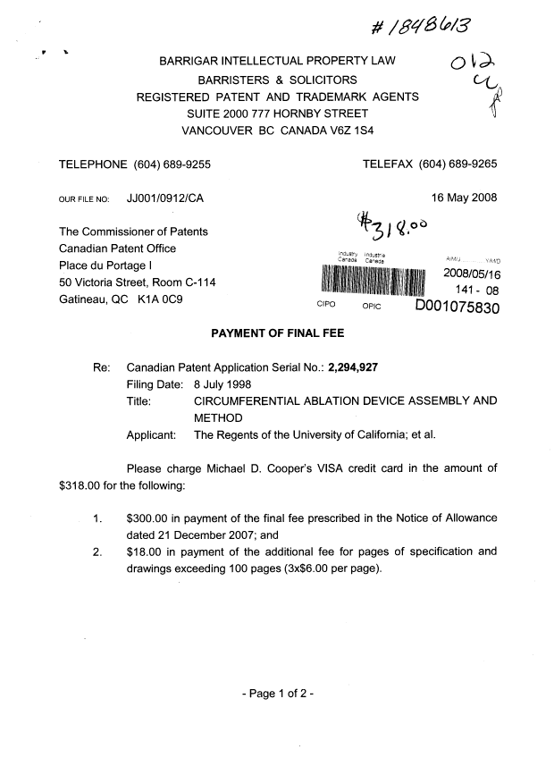 Canadian Patent Document 2294927. Correspondence 20080516. Image 1 of 2