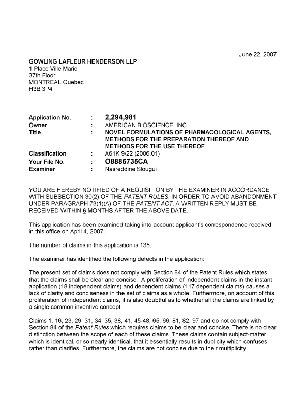 Canadian Patent Document 2294981. Prosecution-Amendment 20070622. Image 1 of 2