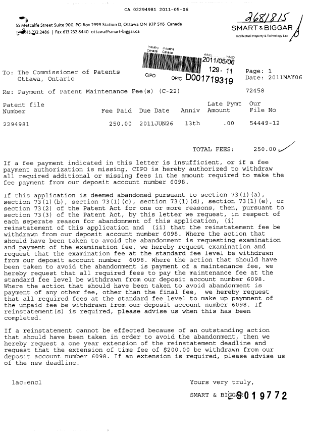 Document de brevet canadien 2294981. Taxes 20110506. Image 1 de 1