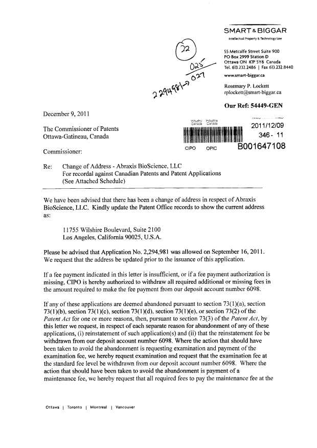 Document de brevet canadien 2294981. Cession 20111209. Image 1 de 3