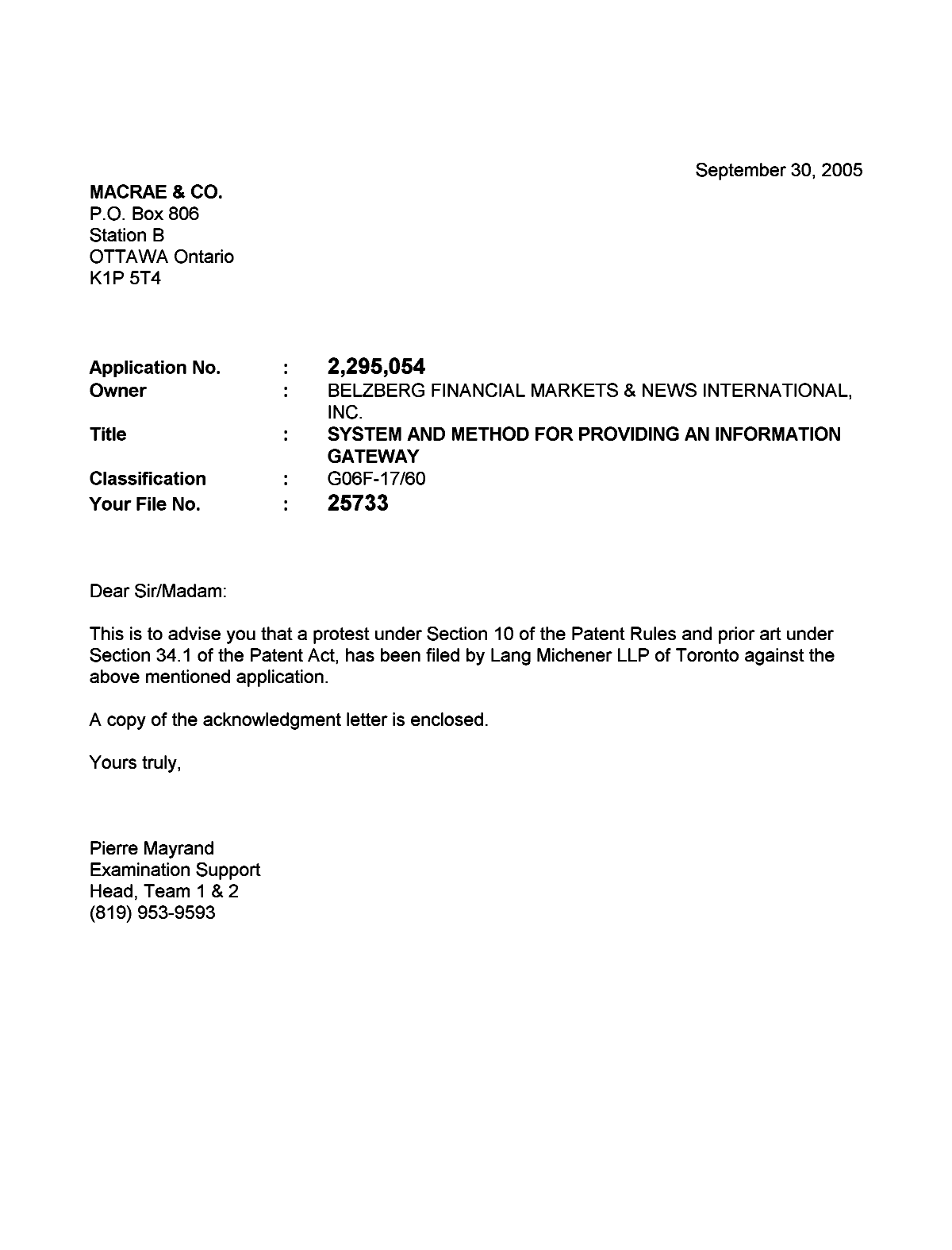 Canadian Patent Document 2295054. Prosecution-Amendment 20050930. Image 1 of 2