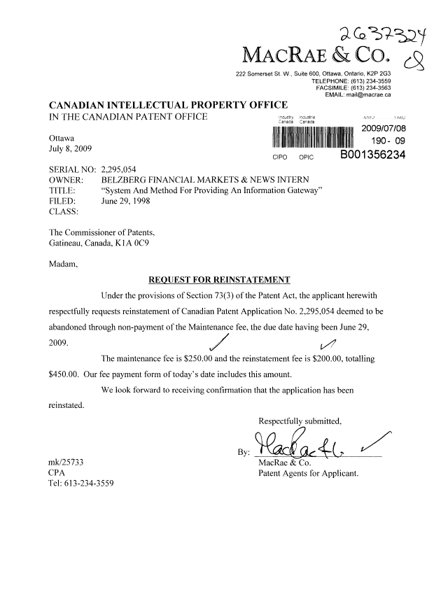 Document de brevet canadien 2295054. Taxes 20090708. Image 1 de 1