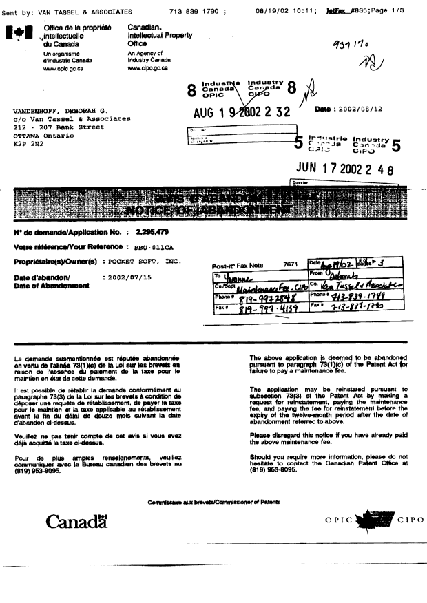 Canadian Patent Document 2295479. Fees 20020617. Image 2 of 4