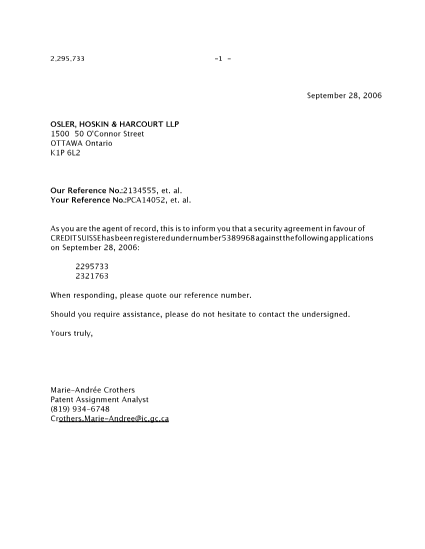 Document de brevet canadien 2295733. Correspondance 20060928. Image 1 de 1