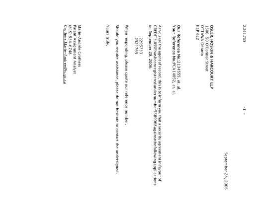 Canadian Patent Document 2295733. Correspondence 20060928. Image 1 of 1