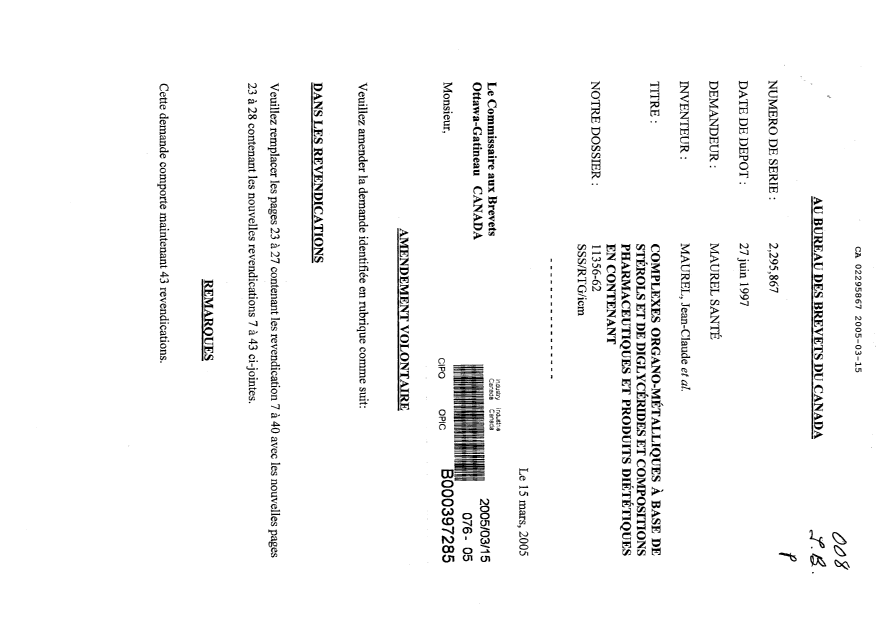 Canadian Patent Document 2295867. Prosecution-Amendment 20050315. Image 1 of 8