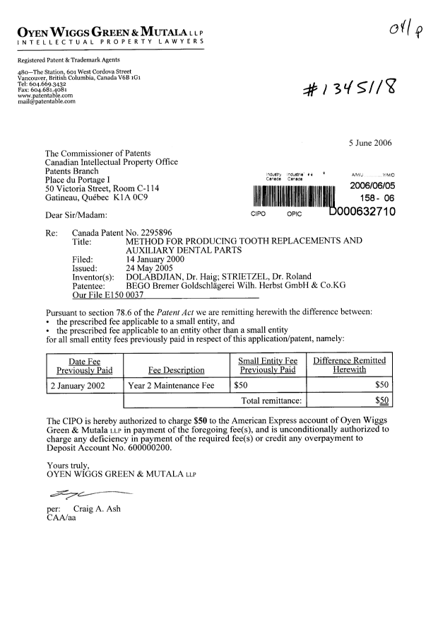 Canadian Patent Document 2295896. Prosecution-Amendment 20051205. Image 1 of 1