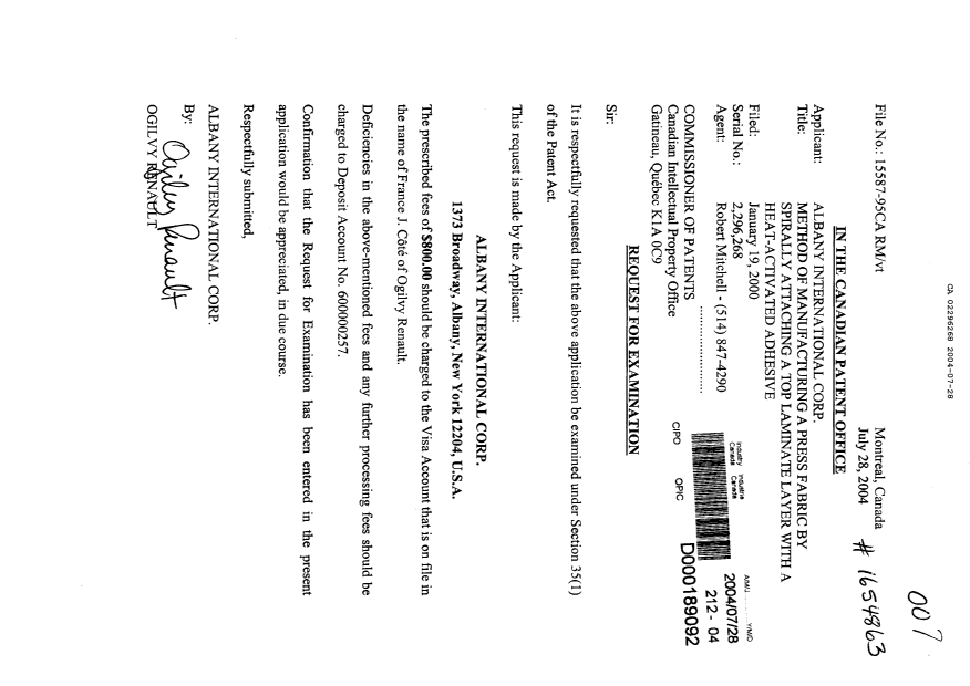 Canadian Patent Document 2296268. Prosecution-Amendment 20040728. Image 1 of 1