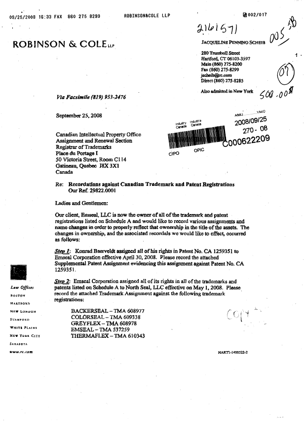 Document de brevet canadien 2296779. Cession 20080925. Image 1 de 17