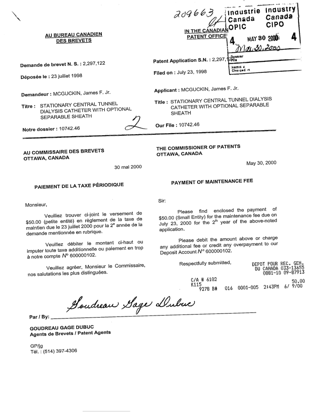 Document de brevet canadien 2297122. Taxes 20000530. Image 1 de 1