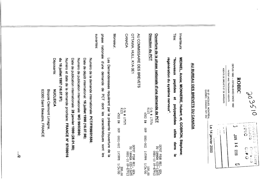 Canadian Patent Document 2297303. Assignment 20000114. Image 1 of 6