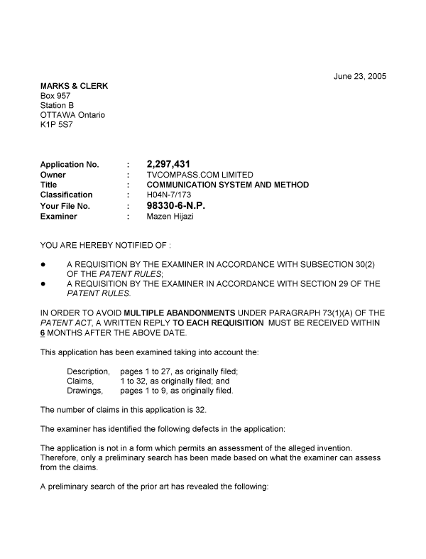 Canadian Patent Document 2297431. Prosecution-Amendment 20050623. Image 1 of 4