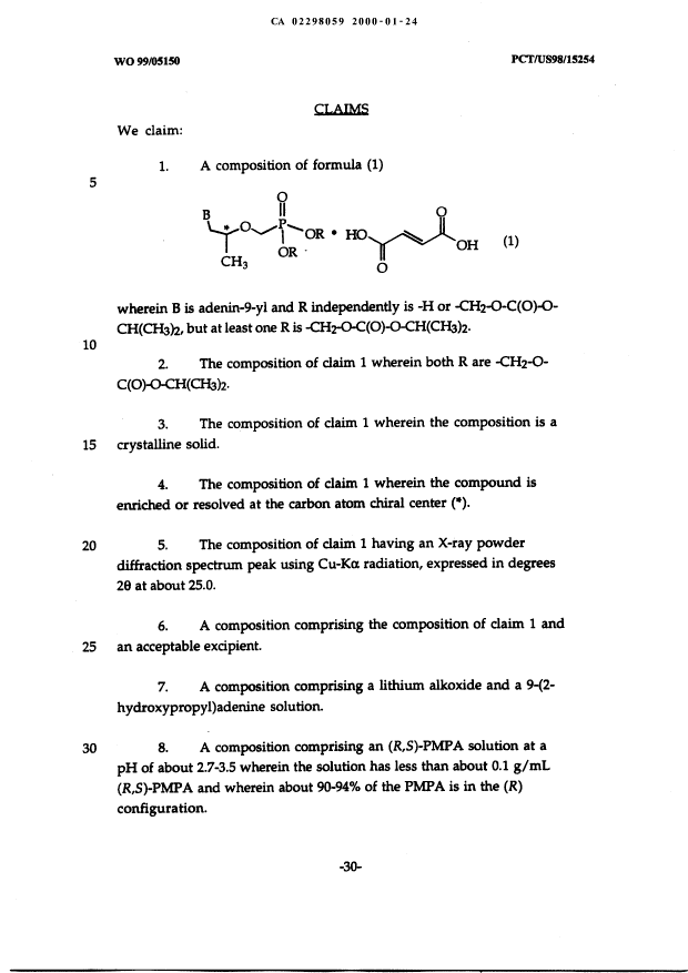 Canadian Patent Document 2298059. Claims 19991224. Image 1 of 3