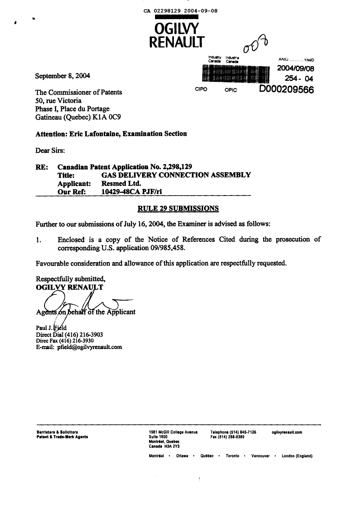 Canadian Patent Document 2298129. Prosecution-Amendment 20040908. Image 1 of 1