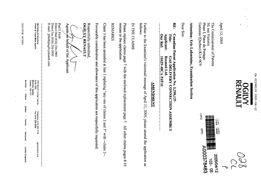 Canadian Patent Document 2298129. Prosecution-Amendment 20050412. Image 1 of 2